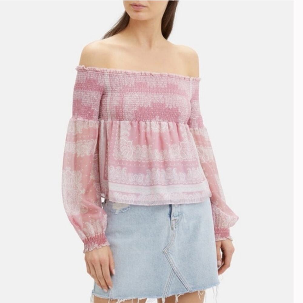 INTERMIX Silk Penelope Paisley Off-The-Shoulder smocked long sleeve Top small